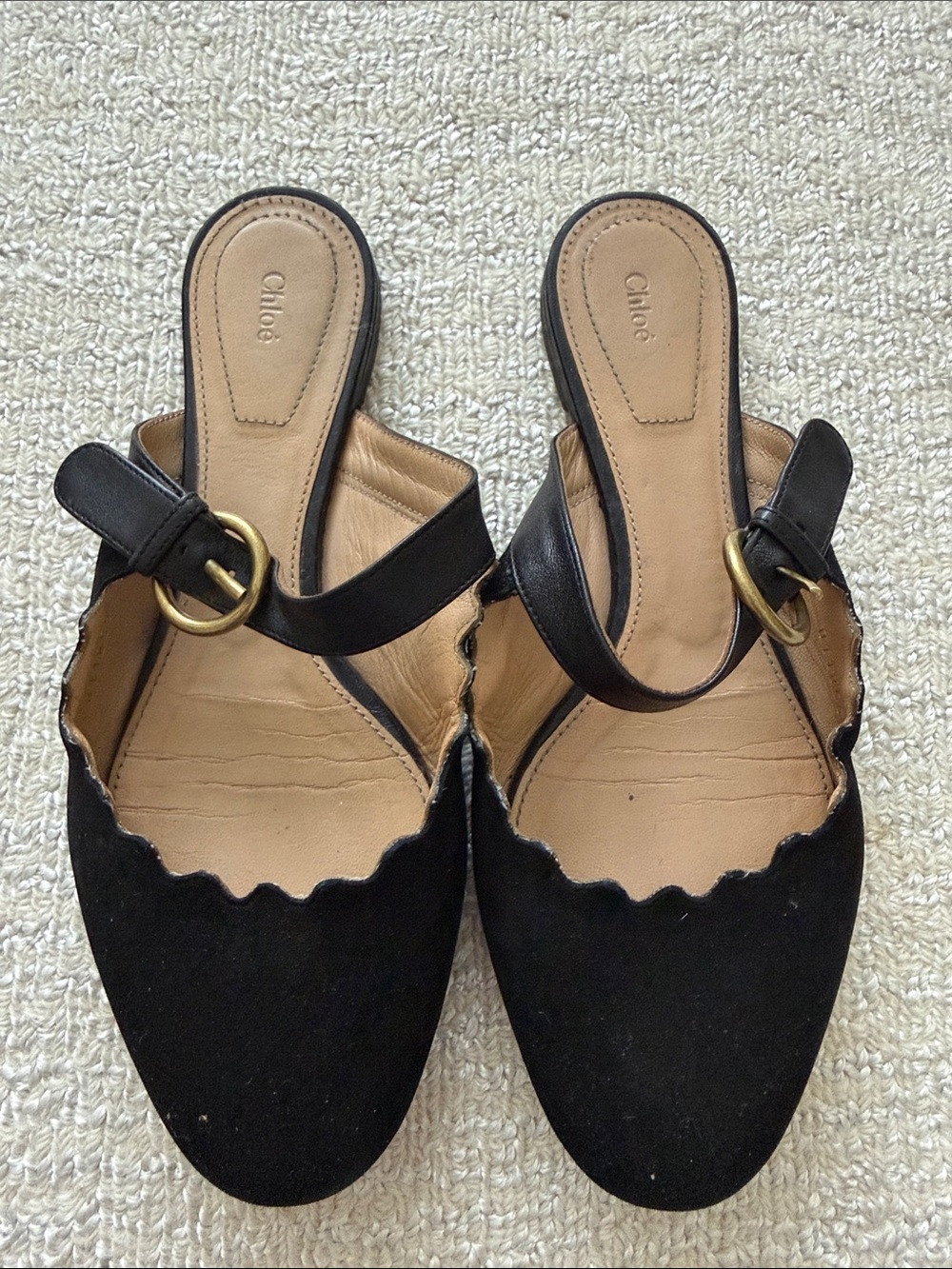 Chloe Black Scalloped Flats with Buckle Strap - size 7 - Picture 3 of 9